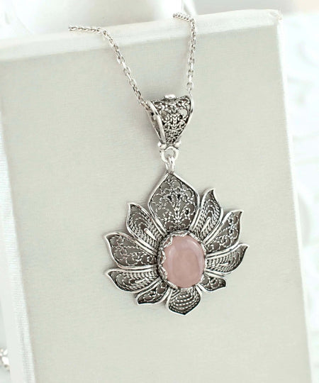 Filigree Art Rose Quartz Gemstone Lotus Flower Women Silver Pendant Necklace - Drakoi Marketplace