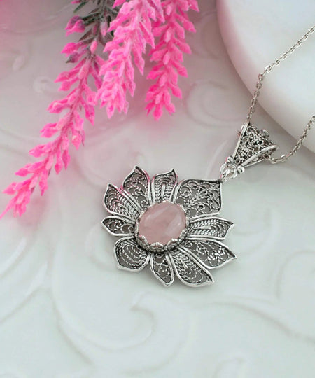 Filigree Art Rose Quartz Gemstone Lotus Flower Women Silver Pendant Necklace - Drakoi Marketplace