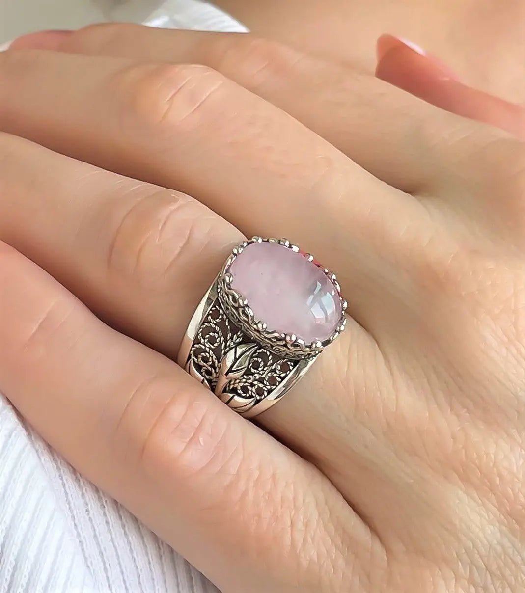 Filigree Art Rose Quartz Gemstone Tulip Detailed Silver Women Statement Ring - Drakoi Marketplace