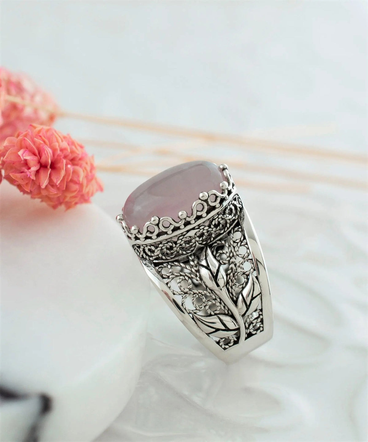 Filigree Art Rose Quartz Gemstone Tulip Detailed Silver Women Statement Ring - Drakoi Marketplace