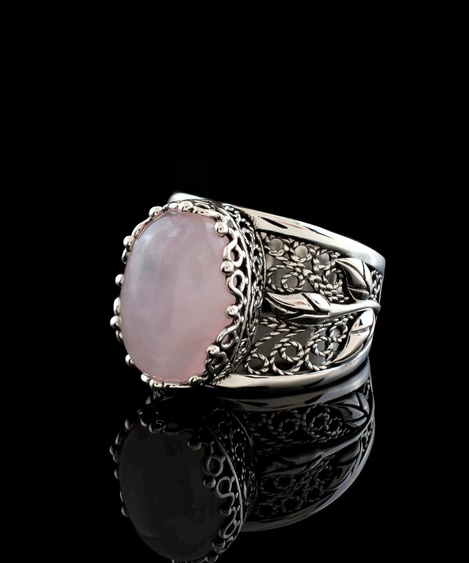 Filigree Art Rose Quartz Gemstone Tulip Detailed Silver Women Statement Ring - Drakoi Marketplace