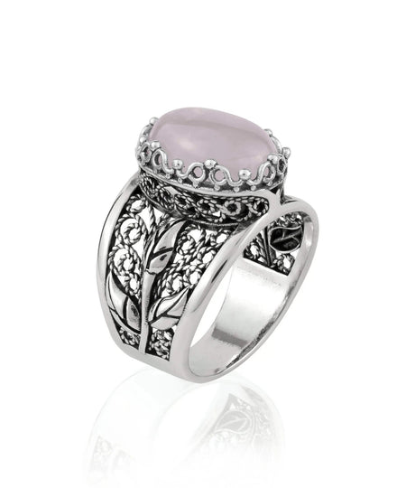 Filigree Art Rose Quartz Gemstone Tulip Detailed Silver Women Statement Ring - Drakoi Marketplace