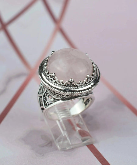 Filigree Art Rose Quartz Gemstone Women Silver Bold Statement Ring - Drakoi Marketplace