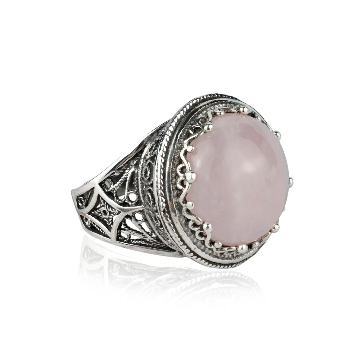 Filigree Art Rose Quartz Gemstone Women Silver Bold Statement Ring - Drakoi Marketplace