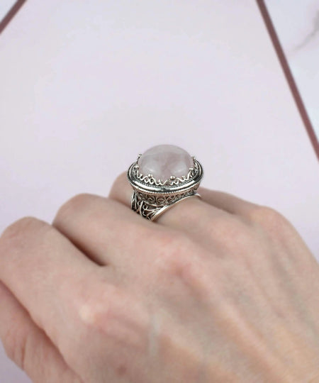 Filigree Art Rose Quartz Gemstone Women Silver Bold Statement Ring - Drakoi Marketplace