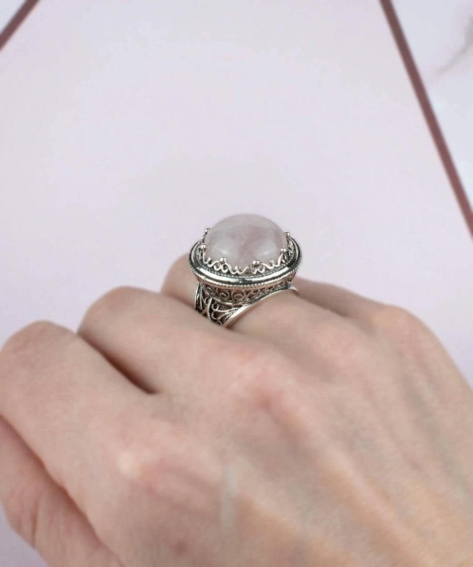 Filigree Art Rose Quartz Gemstone Women Silver Bold Statement Ring - Drakoi Marketplace