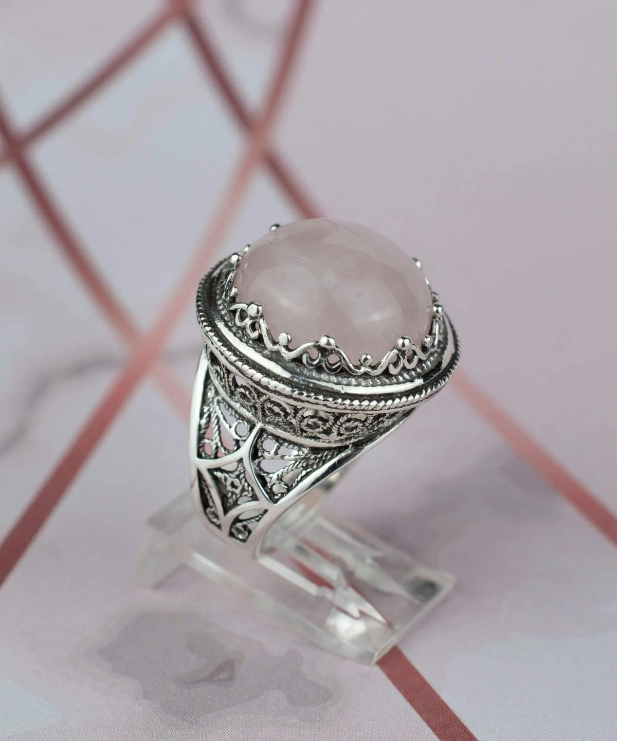 Filigree Art Rose Quartz Gemstone Women Silver Bold Statement Ring - Drakoi Marketplace