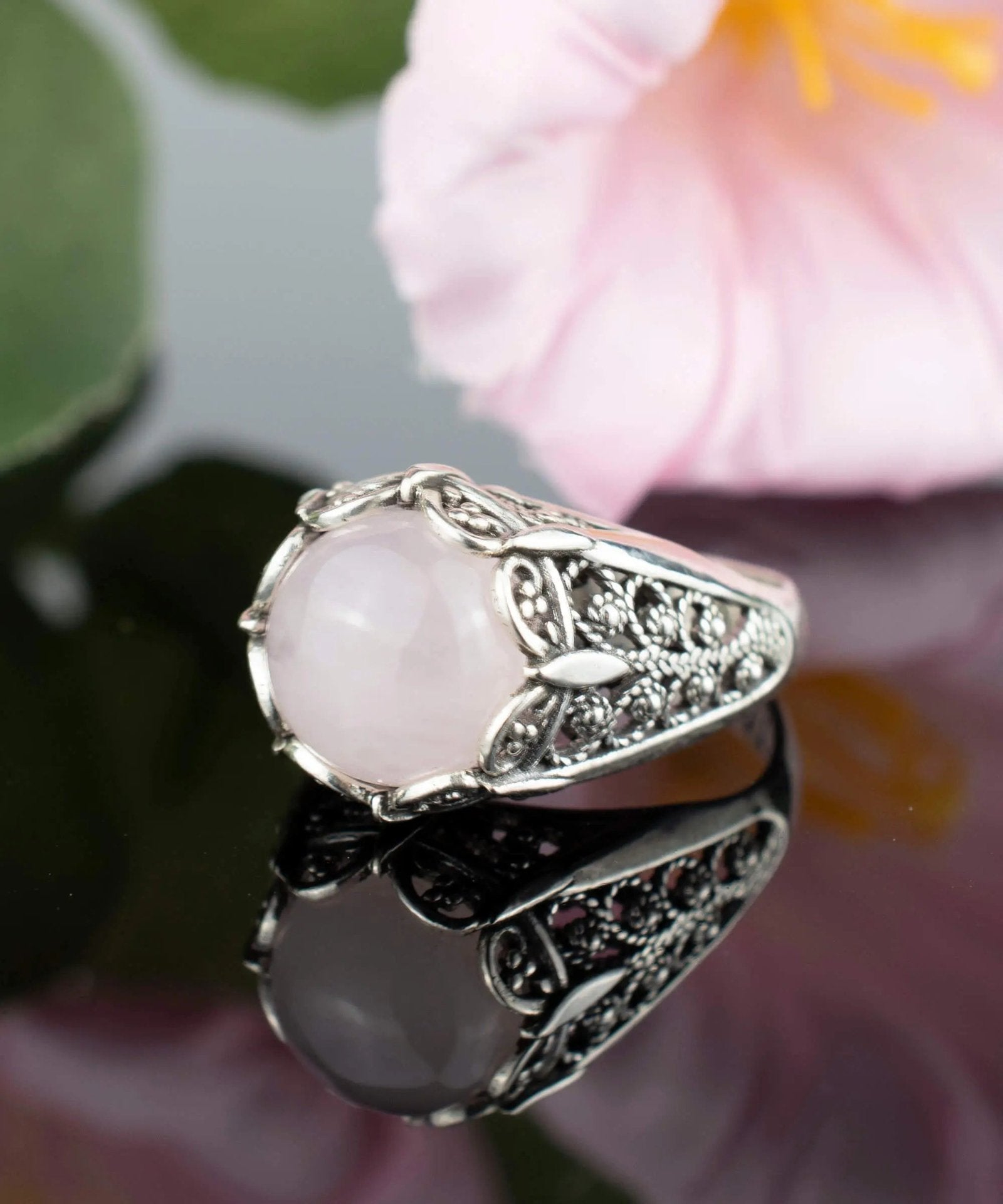 Filigree Art Rose Quartz Gemstone Women Silver Cocktail Ring - Drakoi Marketplace