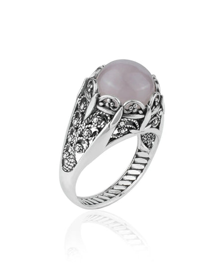 Filigree Art Rose Quartz Gemstone Women Silver Cocktail Ring - Drakoi Marketplace