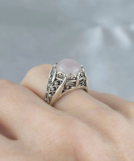 Filigree Art Rose Quartz Gemstone Women Silver Cocktail Ring - Drakoi Marketplace