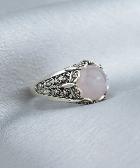 Filigree Art Rose Quartz Gemstone Women Silver Cocktail Ring - Drakoi Marketplace