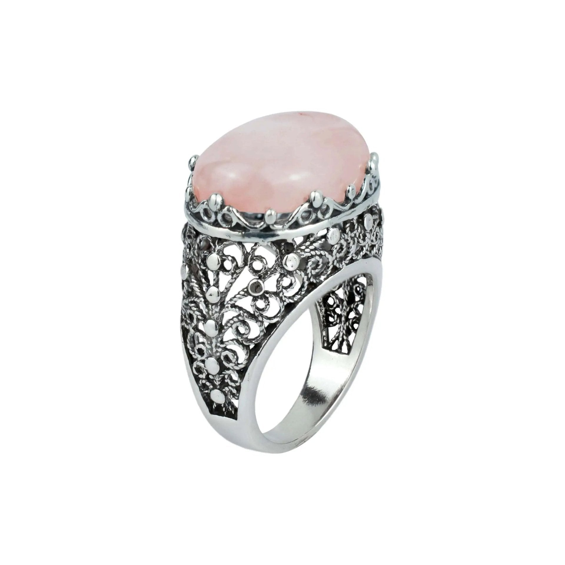 Filigree Art Rose Quartz Gemstone Women Silver Dome Statement Ring - Drakoi Marketplace