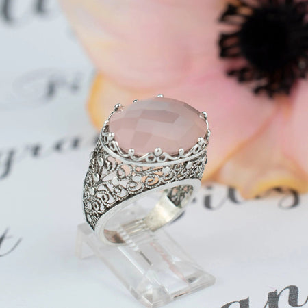 Filigree Art Rose Quartz Gemstone Women Silver Dome Statement Ring - Drakoi Marketplace