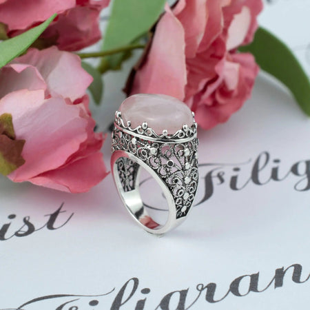 Filigree Art Rose Quartz Gemstone Women Silver Dome Statement Ring - Drakoi Marketplace