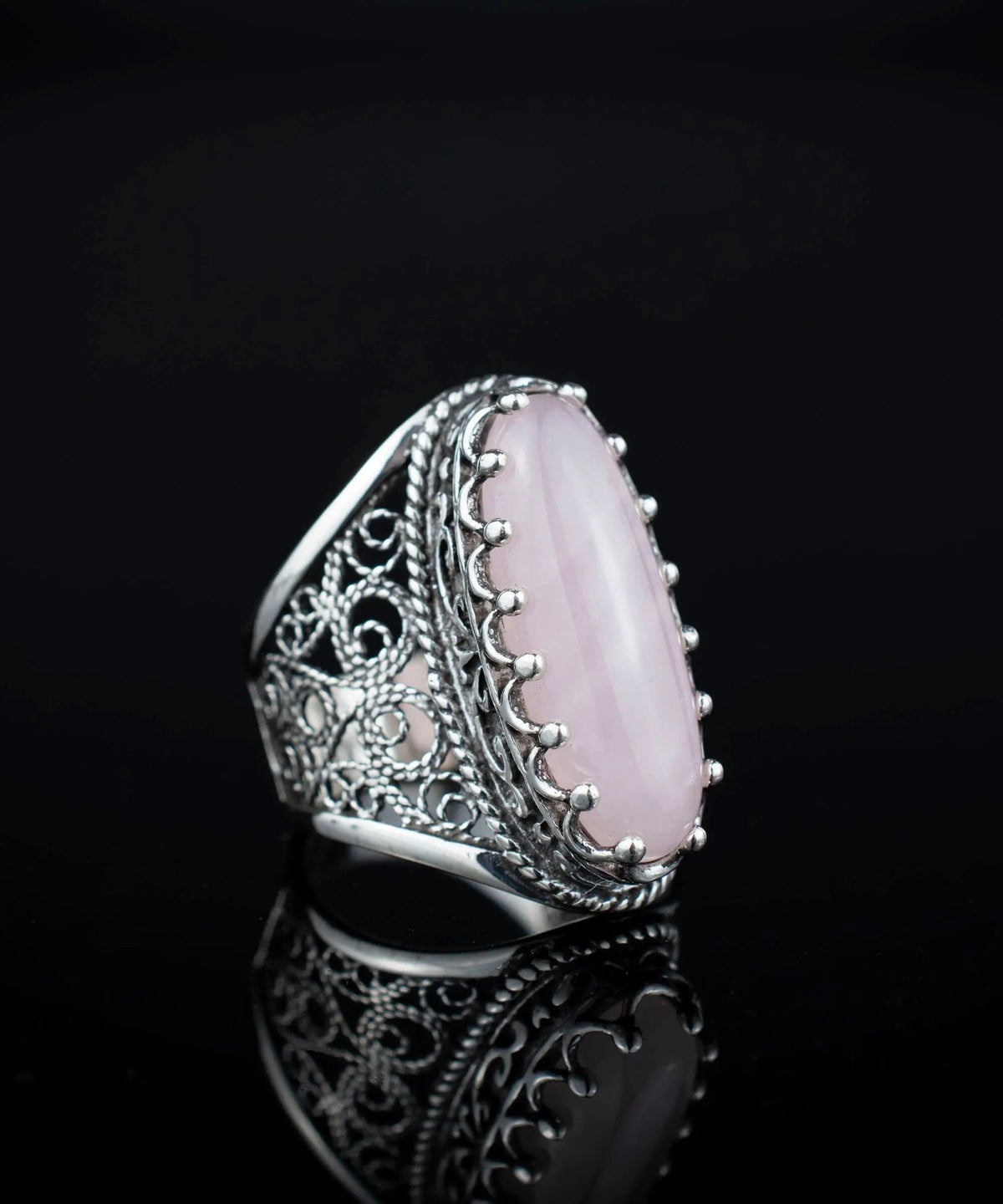 Filigree Art Rose Quartz Gemstone Women Silver Long Statement Ring - Drakoi Marketplace