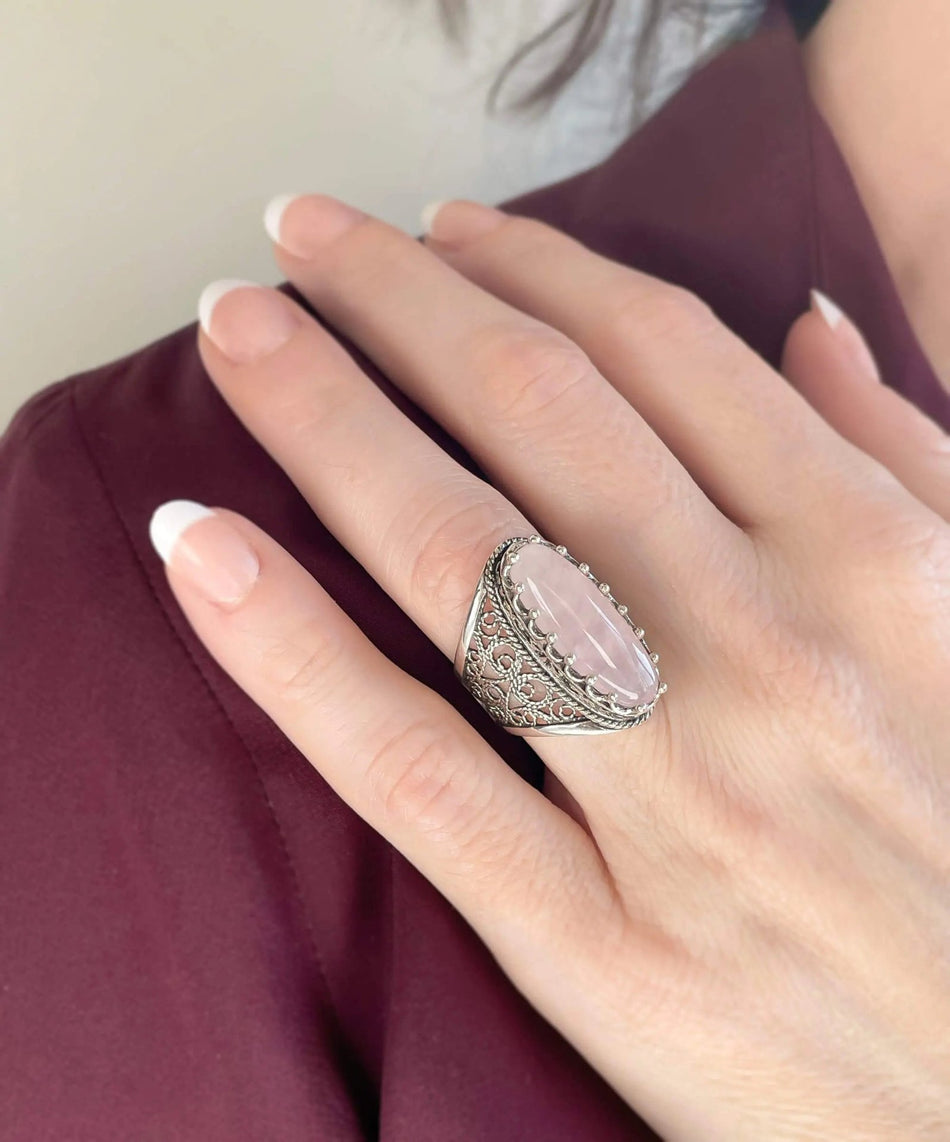 Filigree Art Rose Quartz Gemstone Women Silver Long Statement Ring - Drakoi Marketplace