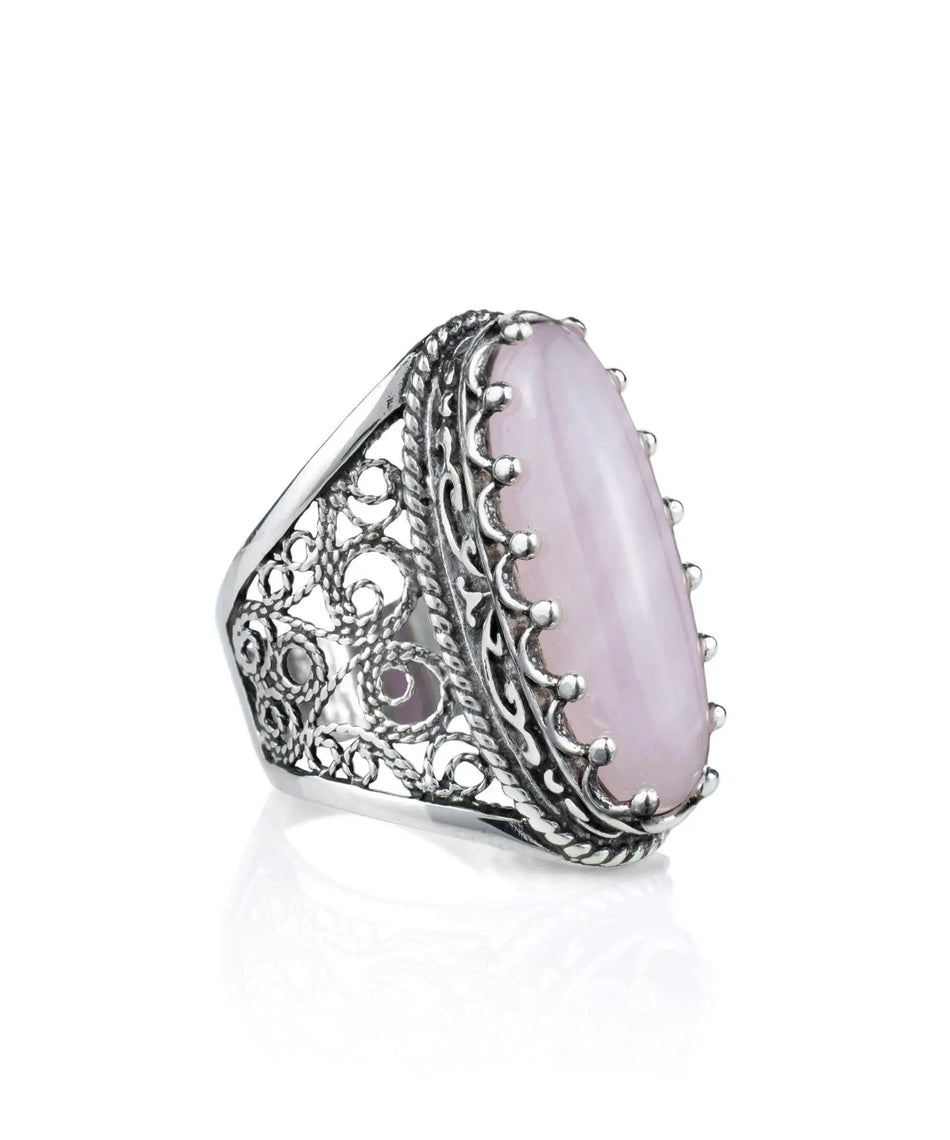 Filigree Art Rose Quartz Gemstone Women Silver Long Statement Ring - Drakoi Marketplace