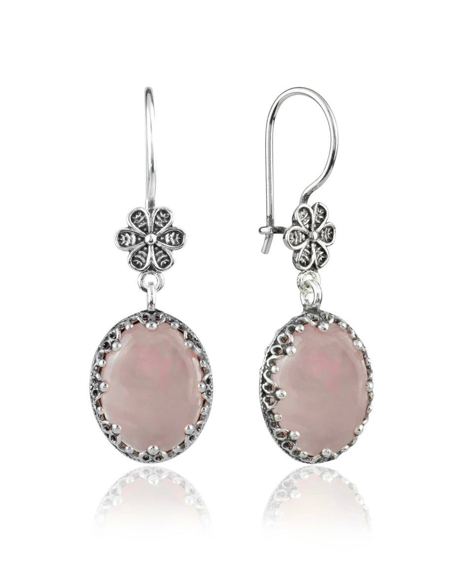 Filigree Art Rose Quartz Gemstone Women Silver Oval Dangle Earrings - Drakoi Marketplace