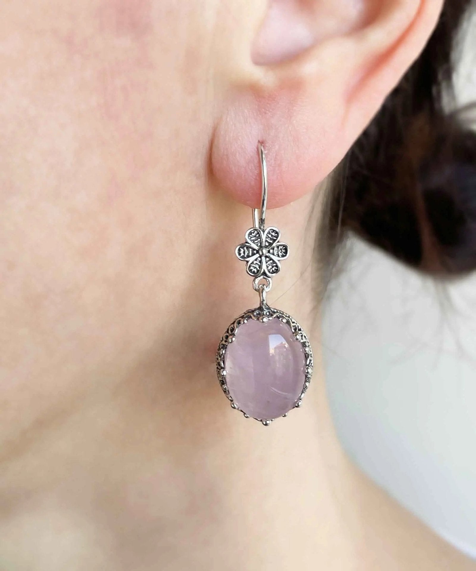 Filigree Art Rose Quartz Gemstone Women Silver Oval Dangle Earrings - Drakoi Marketplace