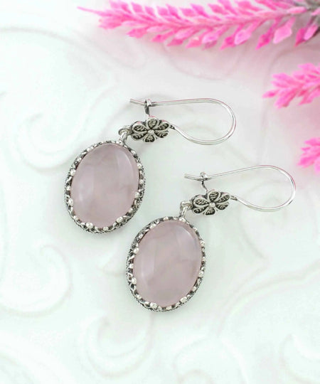 Filigree Art Rose Quartz Gemstone Women Silver Oval Dangle Earrings - Drakoi Marketplace