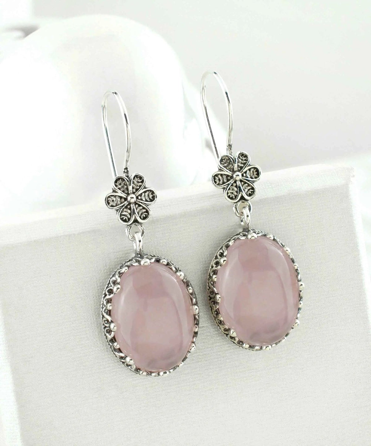 Filigree Art Rose Quartz Gemstone Women Silver Oval Dangle Earrings - Drakoi Marketplace