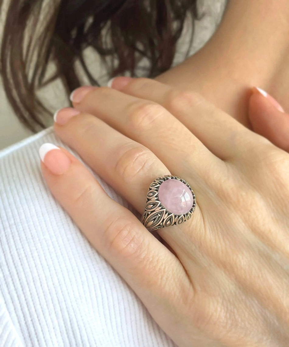 Filigree Art Rose Quartz Gemstone Women Silver Statement Ring - Drakoi Marketplace