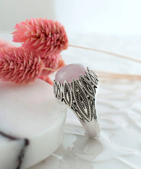 Filigree Art Rose Quartz Gemstone Women Silver Statement Ring - Drakoi Marketplace