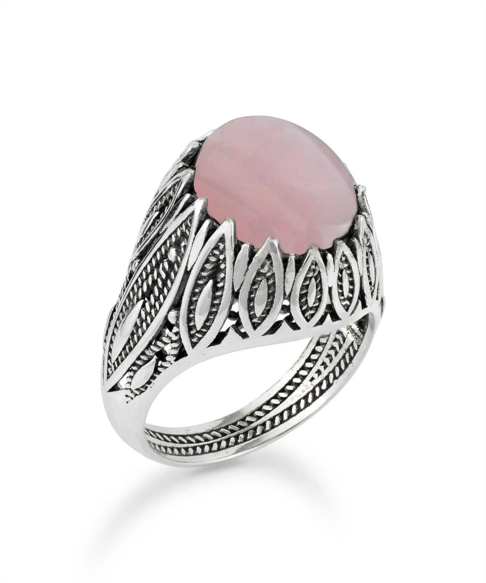 Filigree Art Rose Quartz Gemstone Women Silver Statement Ring - Drakoi Marketplace