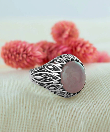 Filigree Art Rose Quartz Gemstone Women Silver Statement Ring - Drakoi Marketplace