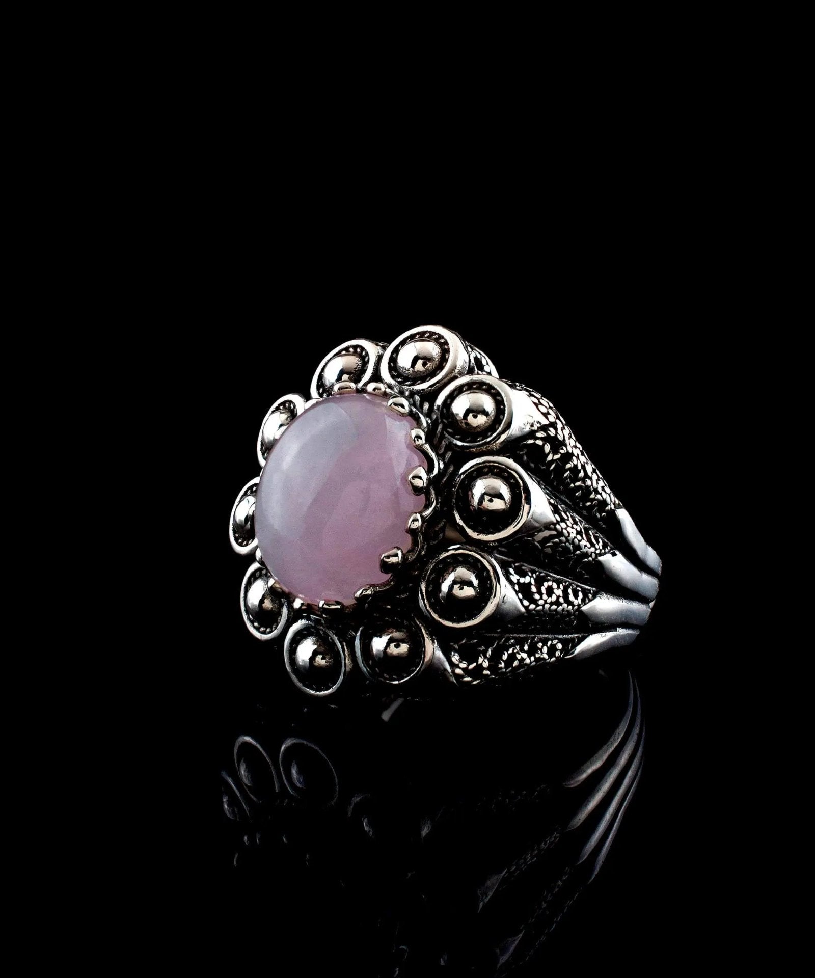 Filigree Art Rose Quartz Gemstone Women Statement Dome Ring - Drakoi Marketplace