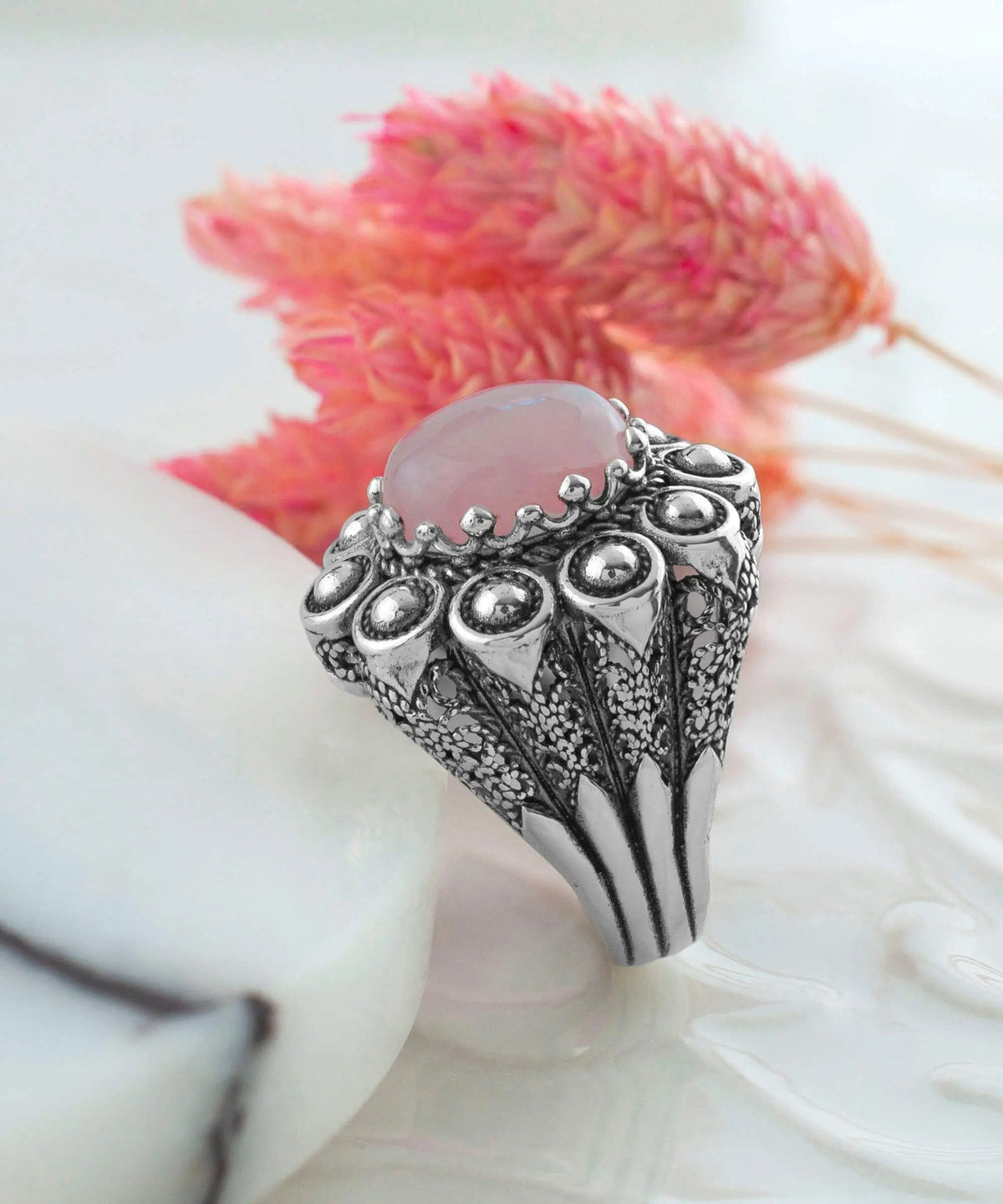 Filigree Art Rose Quartz Gemstone Women Statement Dome Ring - Drakoi Marketplace