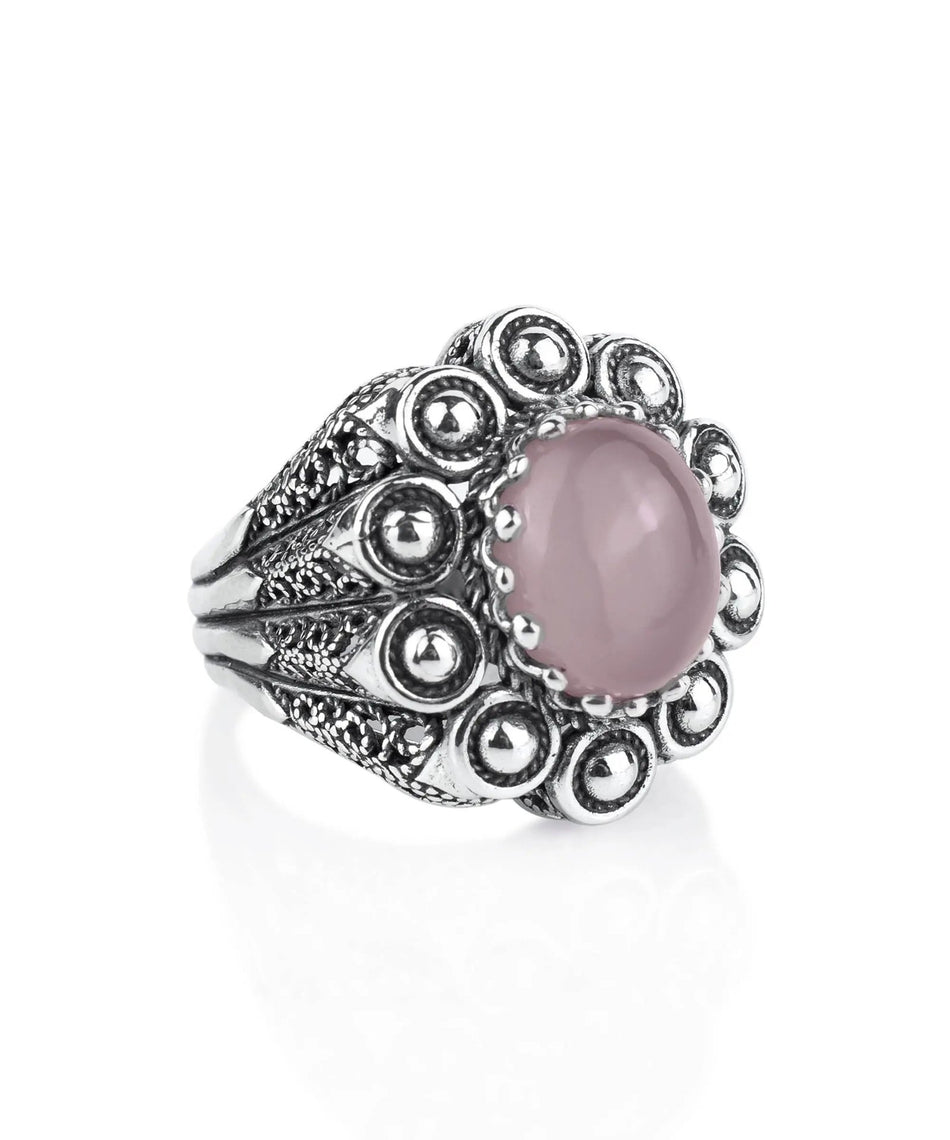 Filigree Art Rose Quartz Gemstone Women Statement Dome Ring - Drakoi Marketplace