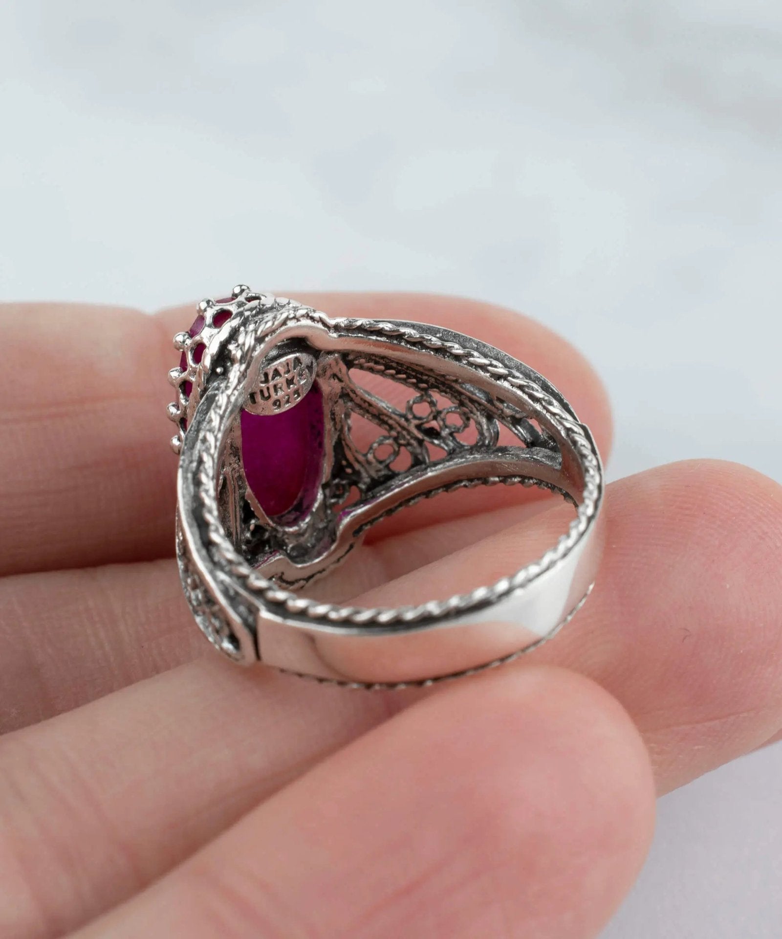 Filigree Art Ruby Corundum Gemstone Angel Design Women Silver Cocktail Ring - Drakoi Marketplace