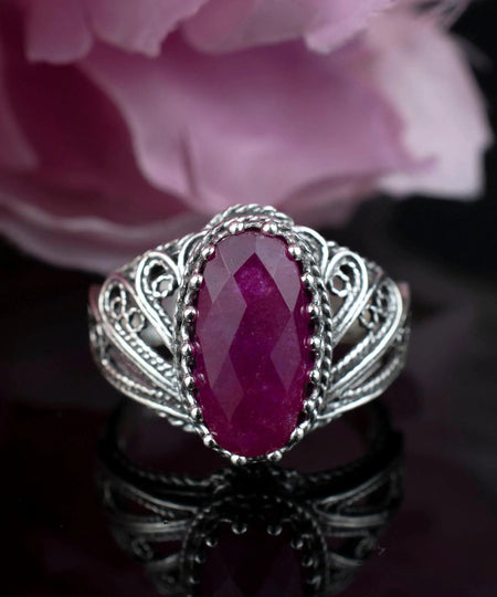 Filigree Art Ruby Corundum Gemstone Angel Design Women Silver Cocktail Ring - Drakoi Marketplace