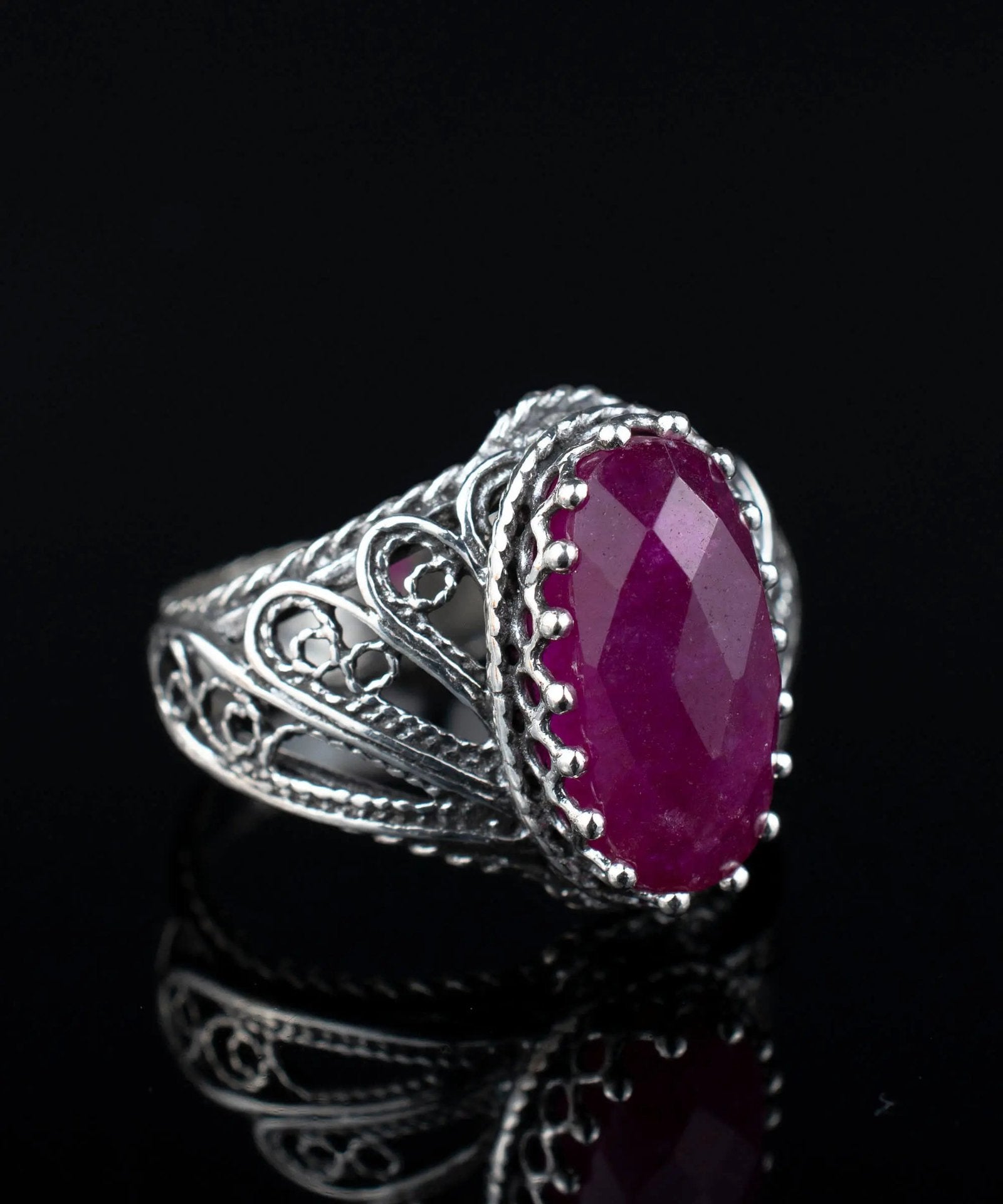 Filigree Art Ruby Corundum Gemstone Angel Design Women Silver Cocktail Ring - Drakoi Marketplace