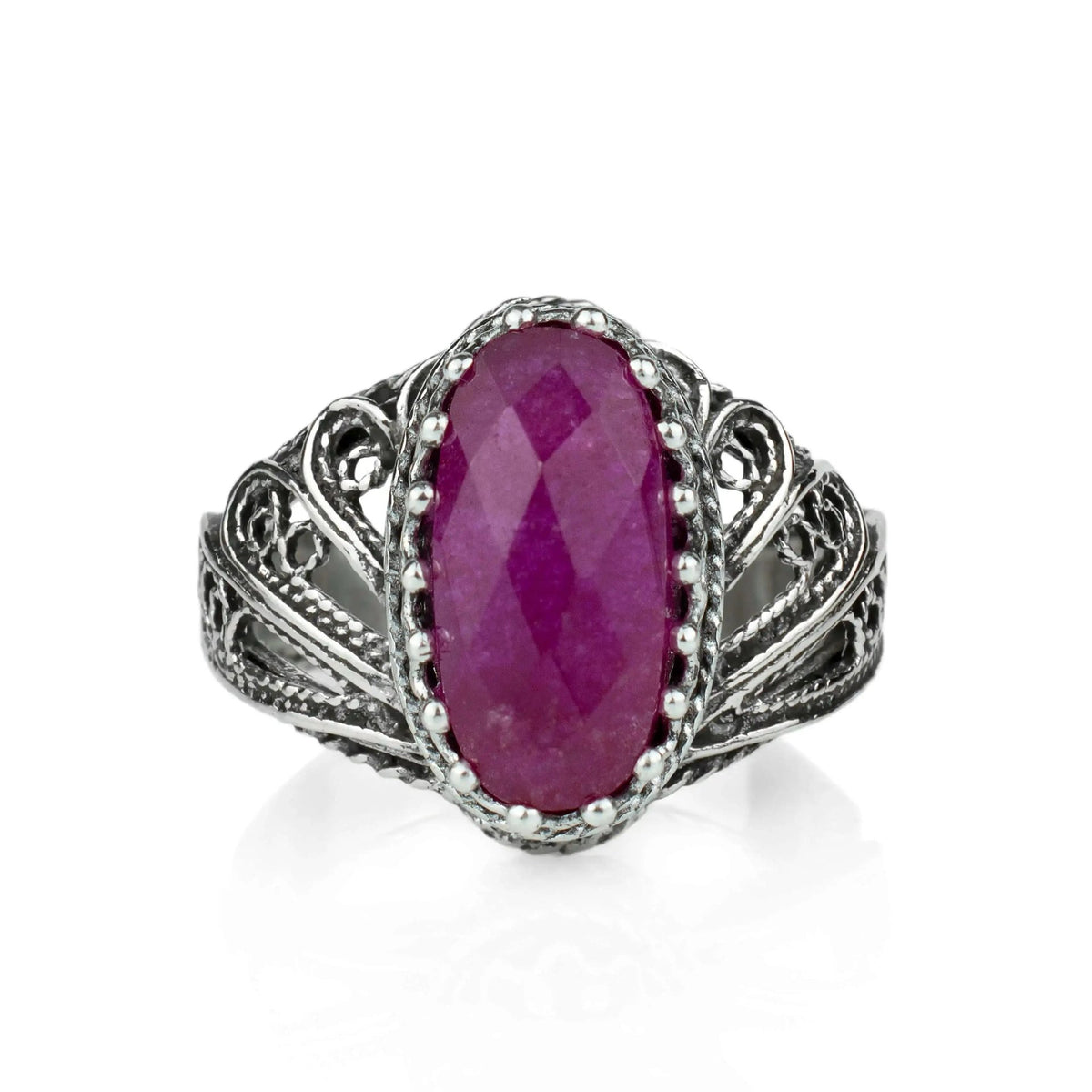 Filigree Art Ruby Corundum Gemstone Angel Design Women Silver Cocktail Ring - Drakoi Marketplace