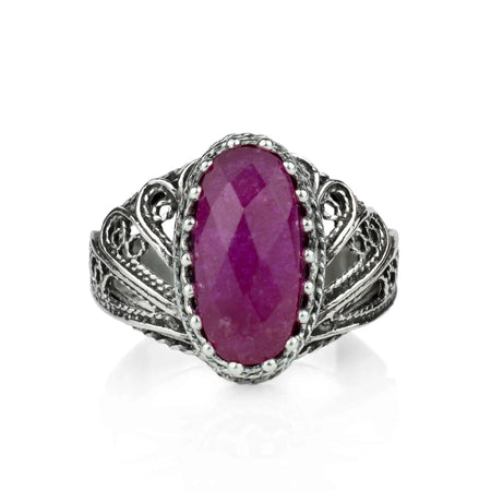 Filigree Art Ruby Corundum Gemstone Angel Design Women Silver Cocktail Ring - Drakoi Marketplace