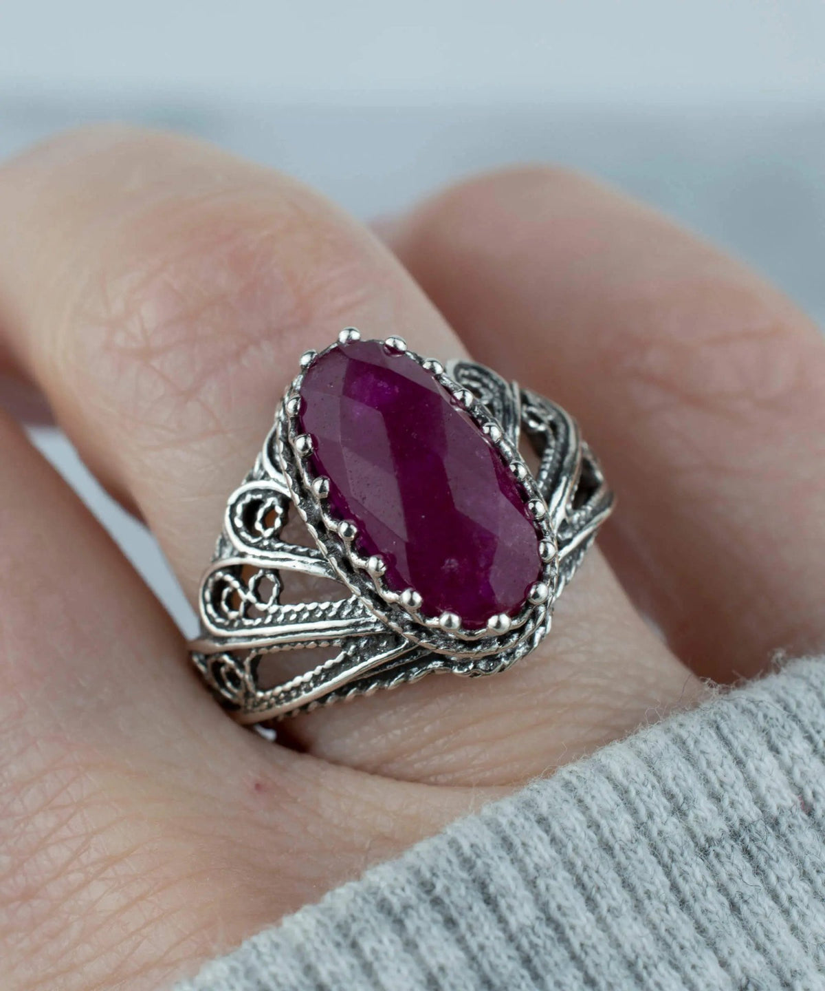 Filigree Art Ruby Corundum Gemstone Angel Design Women Silver Cocktail Ring - Drakoi Marketplace