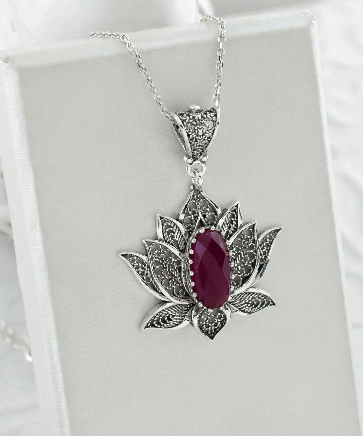 Filigree Art Ruby Corundum Gemstone Blossoming Lotus Flower Women Silver Pendant Necklace - Drakoi Marketplace