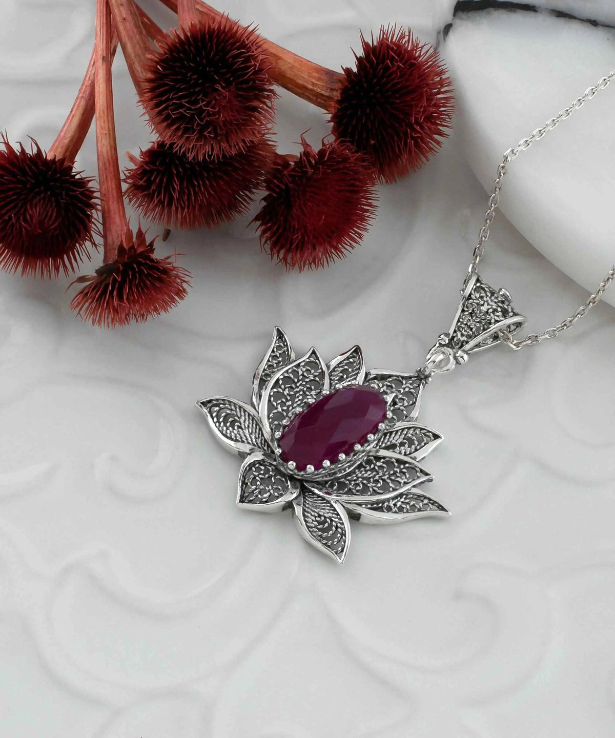 Filigree Art Ruby Corundum Gemstone Blossoming Lotus Flower Women Silver Pendant Necklace - Drakoi Marketplace