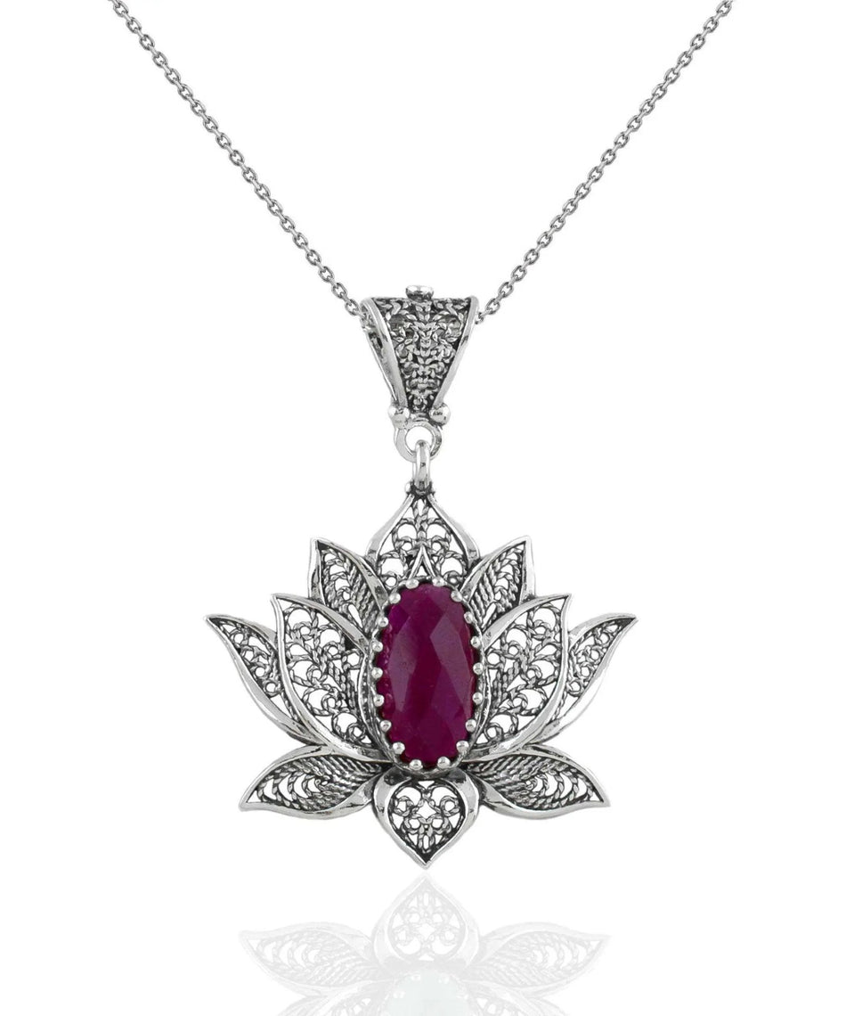 Filigree Art Ruby Corundum Gemstone Blossoming Lotus Flower Women Silver Pendant Necklace - Drakoi Marketplace