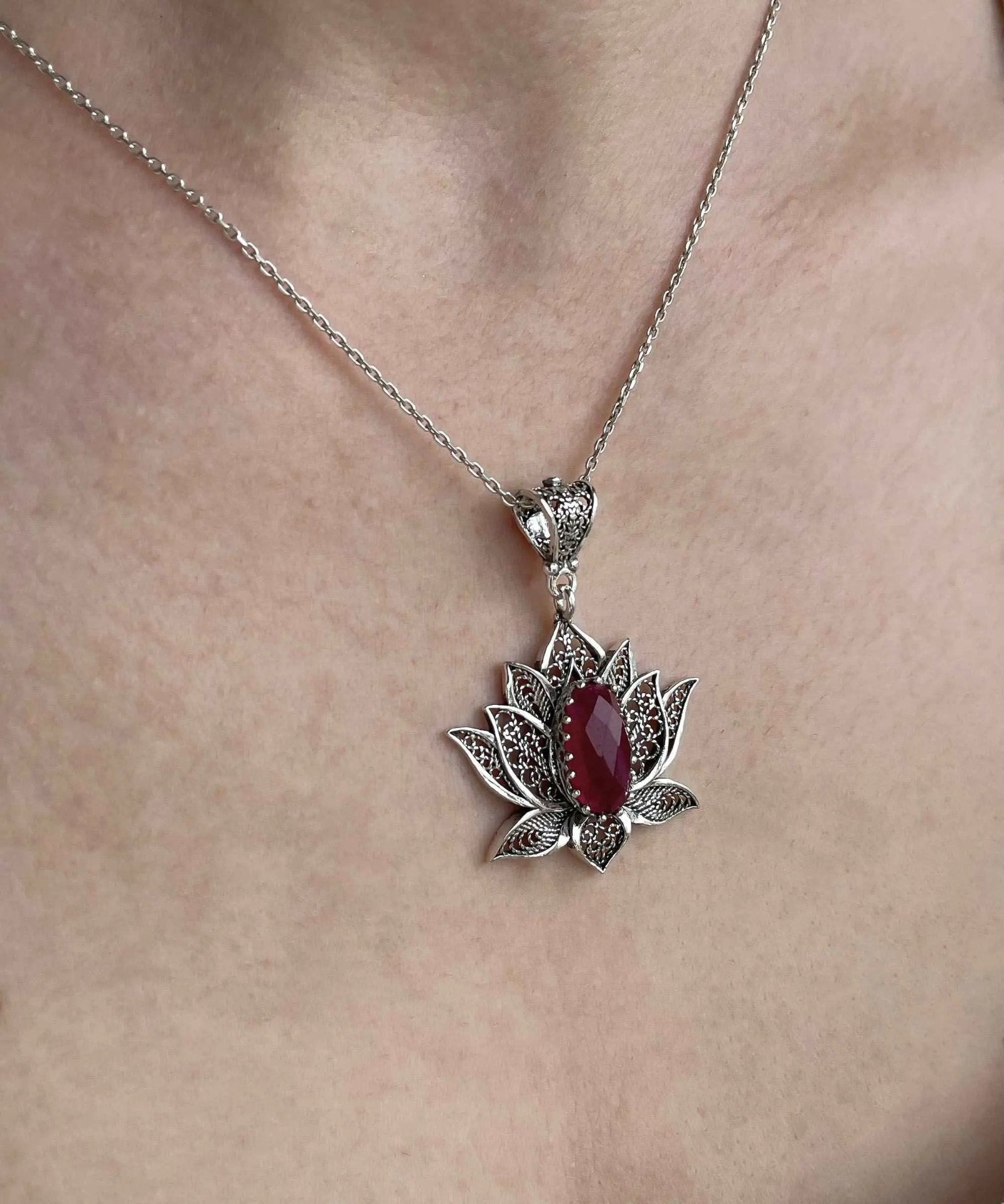 Filigree Art Ruby Corundum Gemstone Blossoming Lotus Flower Women Silver Pendant Necklace - Drakoi Marketplace