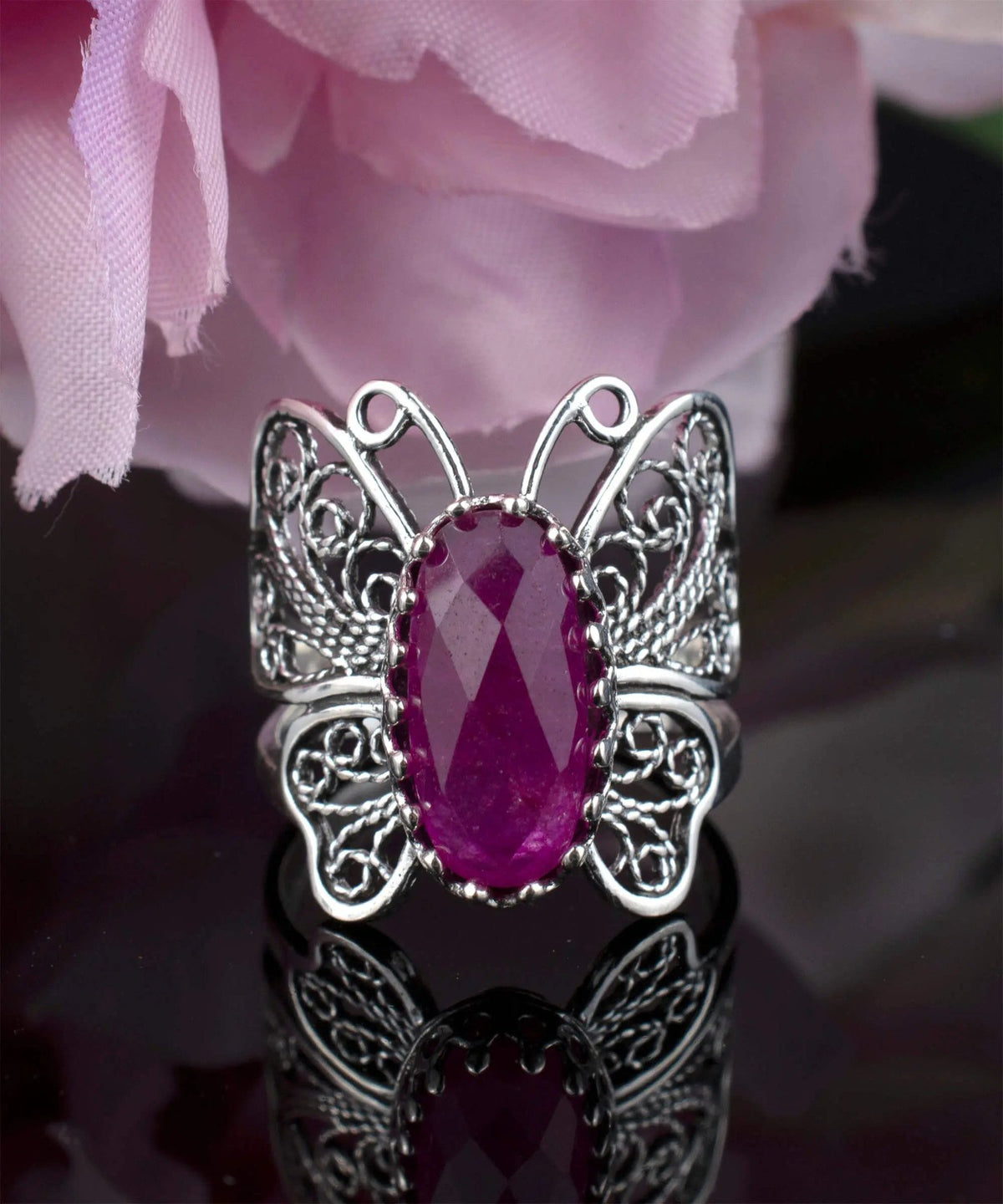 Filigree Art Ruby Corundum Gemstone Butterfly Design Women Silver Cocktail Ring - Drakoi Marketplace