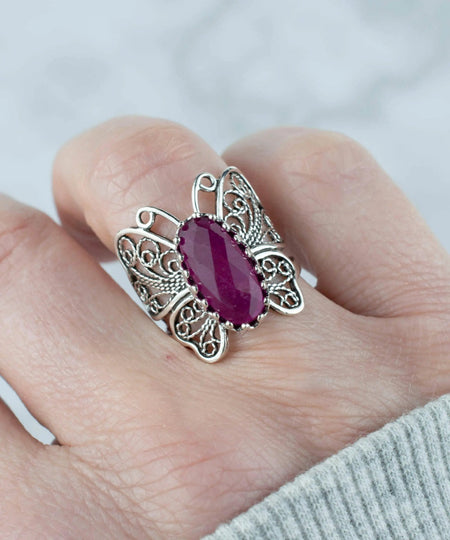 Filigree Art Ruby Corundum Gemstone Butterfly Design Women Silver Cocktail Ring - Drakoi Marketplace