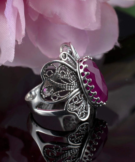 Filigree Art Ruby Corundum Gemstone Butterfly Design Women Silver Cocktail Ring - Drakoi Marketplace