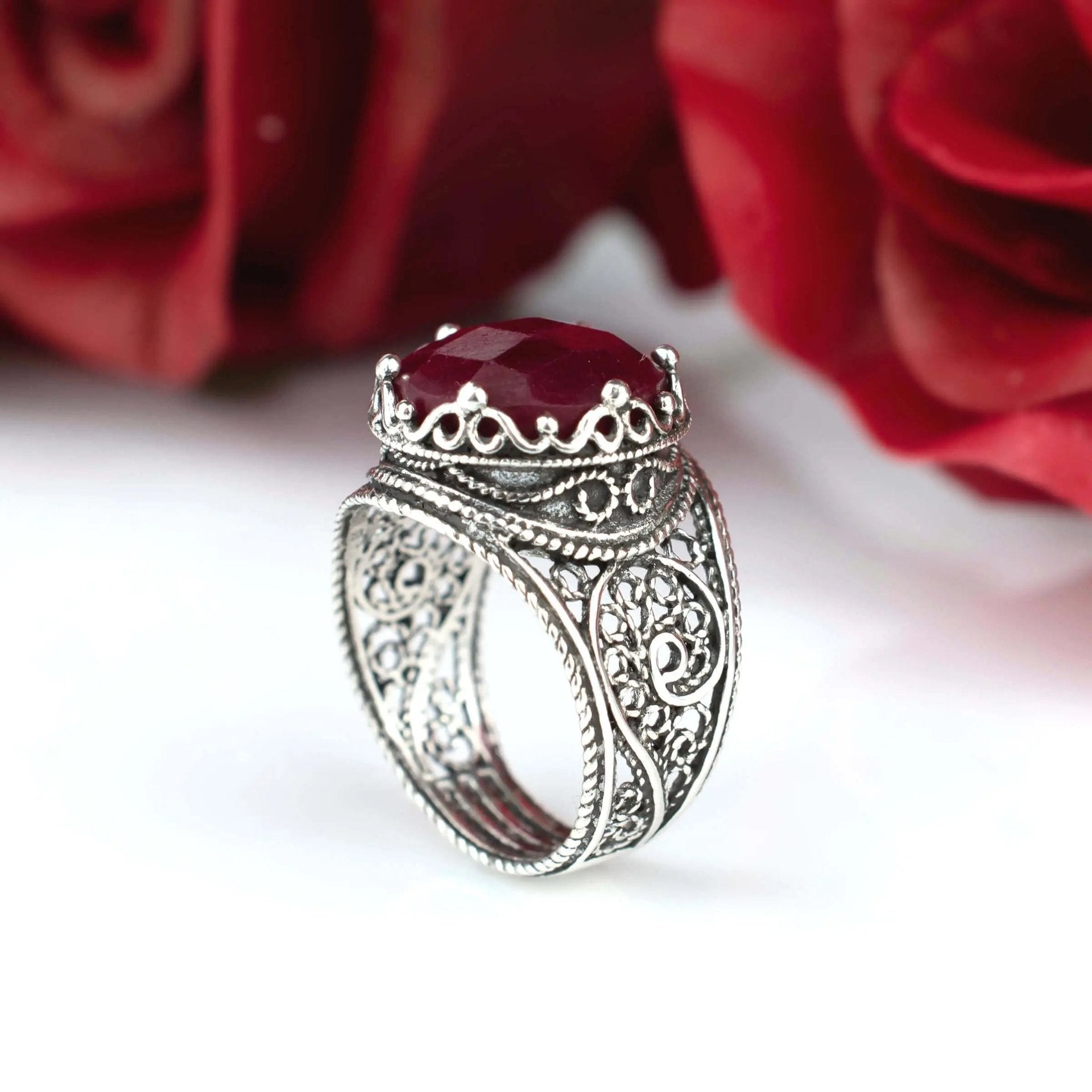 Filigree Art Ruby Corundum Gemstone Crown Design Women Silver Cocktail Ring - Drakoi Marketplace