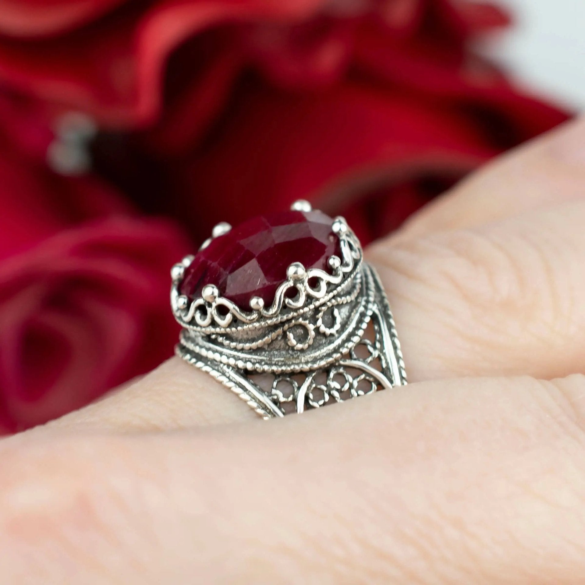 Filigree Art Ruby Corundum Gemstone Crown Design Women Silver Cocktail Ring - Drakoi Marketplace