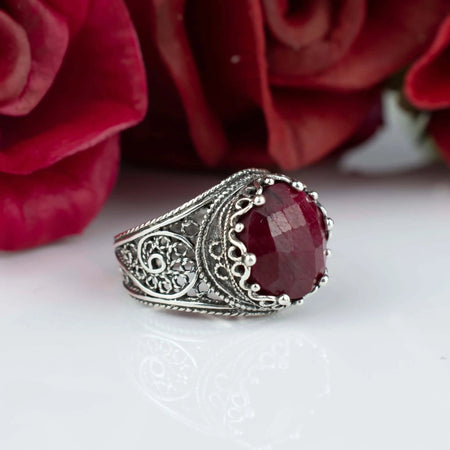 Filigree Art Ruby Corundum Gemstone Crown Design Women Silver Cocktail Ring - Drakoi Marketplace