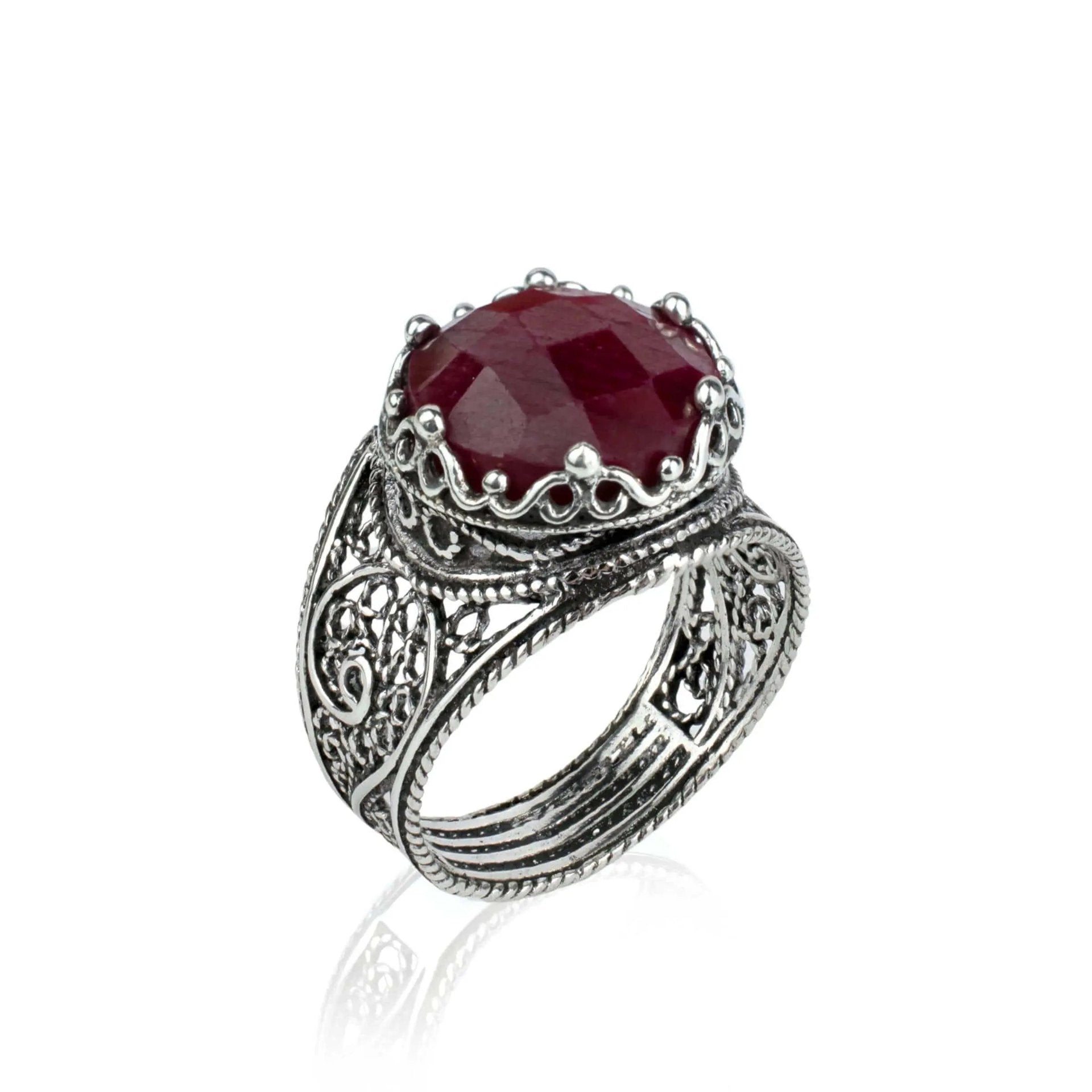 Filigree Art Ruby Corundum Gemstone Crown Design Women Silver Cocktail Ring - Drakoi Marketplace