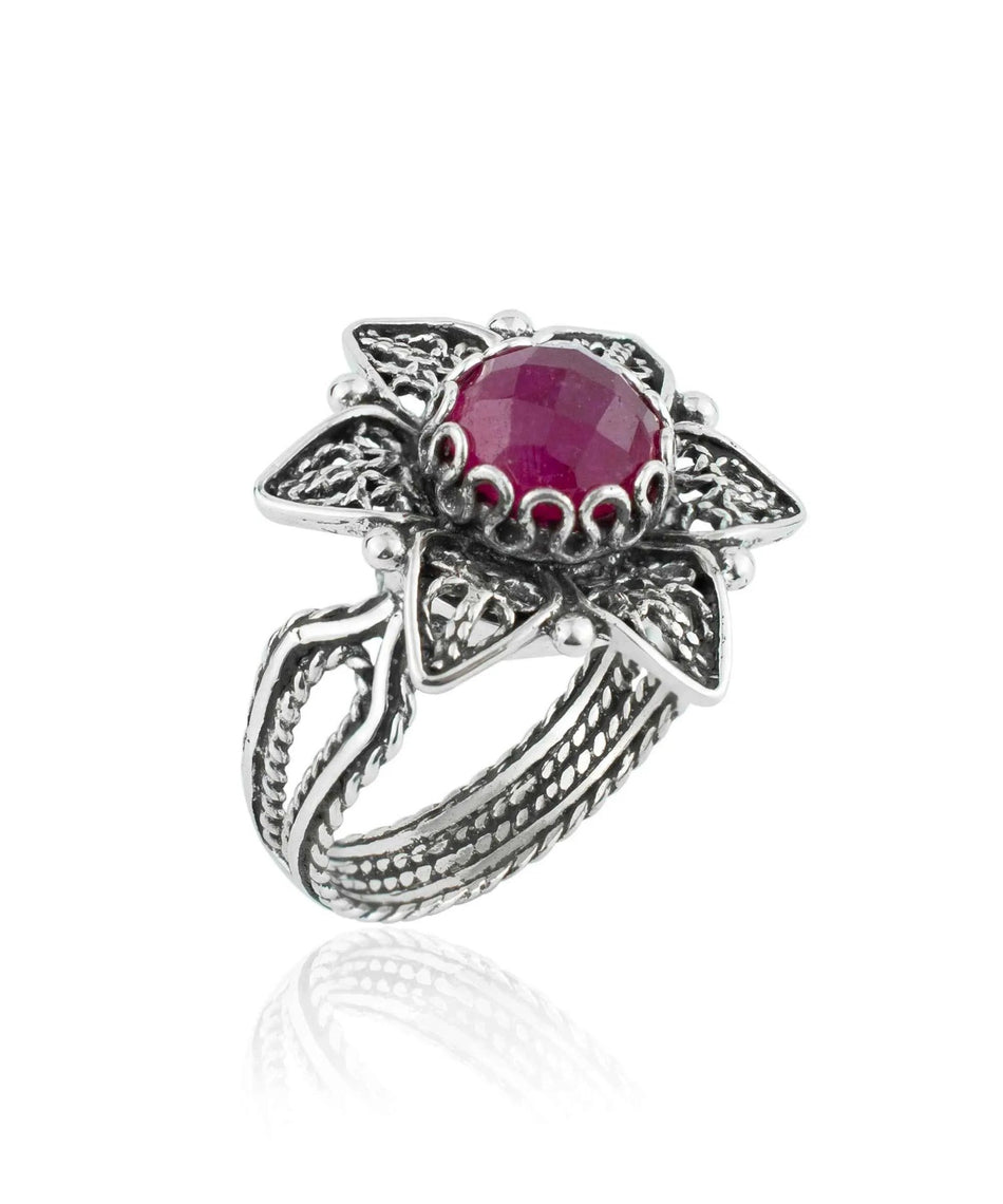 Filigree Art Ruby Corundum Gemstone Daisy Flower Women Silver Cocktail Ring - Drakoi Marketplace